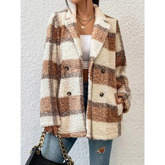 Plaid Double Breasted Teddy Coat boho preppy tan brown - Picture 3 of 5